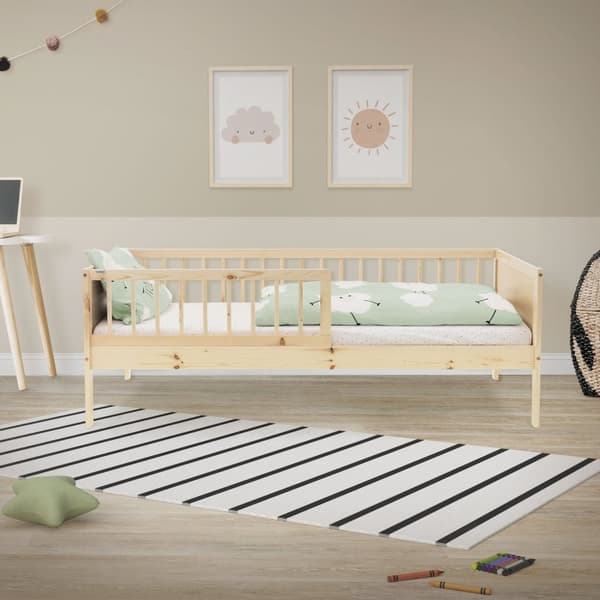 Barnsäng 80x160 cm med spjälskydd och fallskydd i naturligt furuträ ML-design