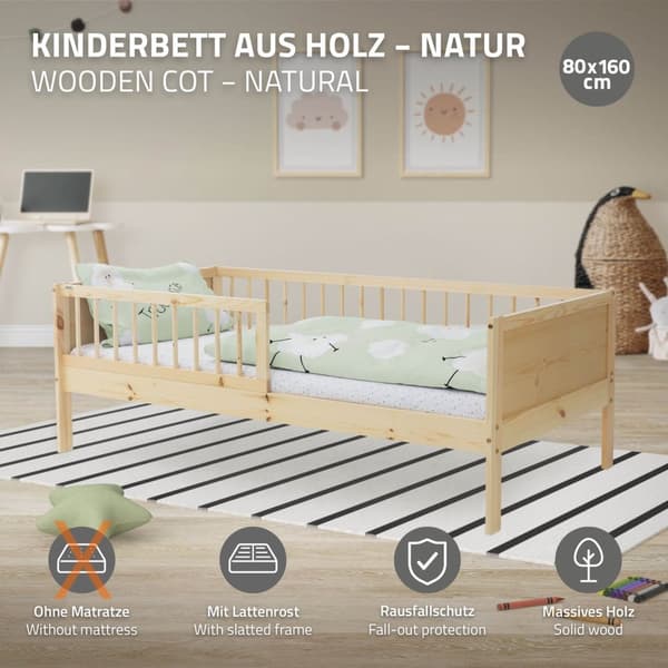 Barnsäng 80x160 cm med spjälskydd och fallskydd i naturligt furuträ ML-design