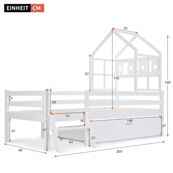Barnsäng med stege och lådor, anti-fall massivt trä mezzanin säng 90x200cm vit (utan madrass)