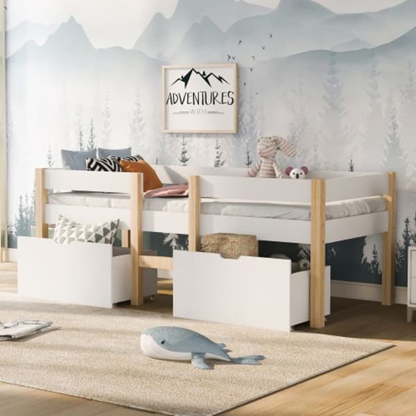 Säng Barnsäng med låda och fallskydd, massiv furu-90x190 cm-vit & ek