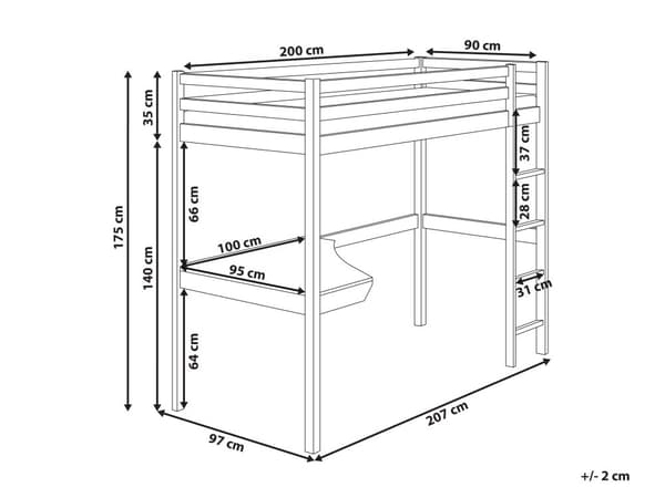 Høyseng Barneseng Hvitt Furutre 90 x 200 cm med Lamellramme med Skrivebord Loft Hytte Sengeramme