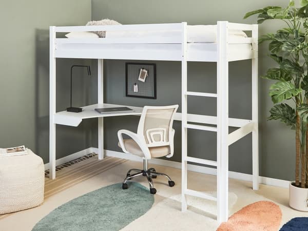 Høyseng Barneseng Hvitt Furutre 90 x 200 cm med Lamellramme med Skrivebord Loft Hytte Sengeramme