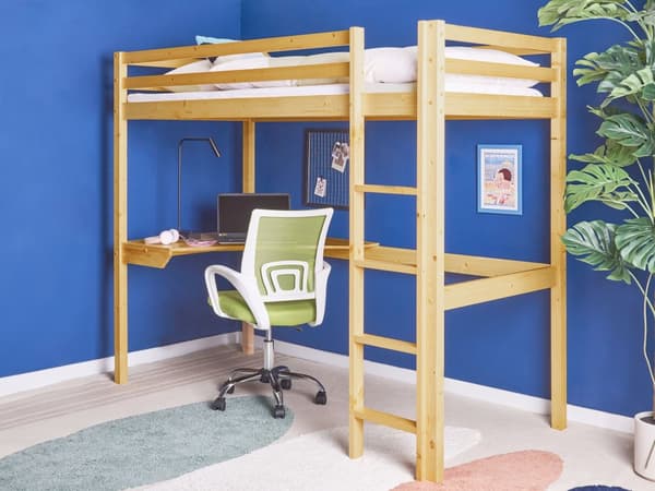 Høyseng Barneseng Lyst Furutre 90 x 200 cm med Lamellramme med Skrivebord Loft Hytte Sengeramme