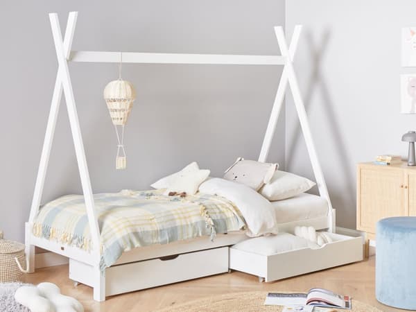 Barneseng Tipi Hvit Furu 90 x 200 cm Enkeltseng med Lameller og Skuffer