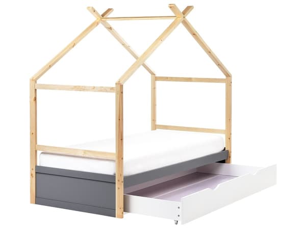 Barneseng Lys med Grå og Hvit Furu 90 x 200 cm Enkeltseng med Lamellramme Oppbevaring og Skuffeseng for Småbarn