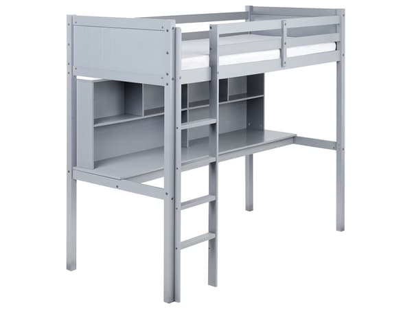 Barneseng med Sovesofa Grå Furu Trebunn Lamellbunn med Skrivebord og Stige Loftseng Moderne Multifunksjonelt Barnerom 90 x 200 cm