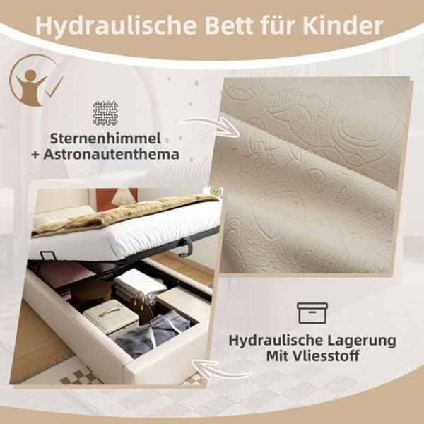 Klädd barnsäng, Enkelsäng med kosmiskt mönster, 90 x 200 cm, Beige, PU för pojkar &amp; flickor (utan madrass)