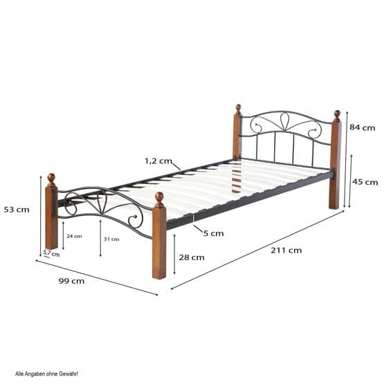 Enkeltseng - Metalramme Med Træben - 90x200 Cm - Sort Med Brune Ben