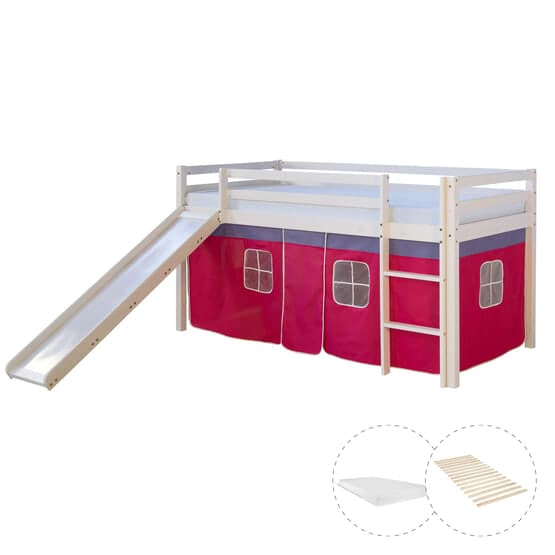 Loftsäng Med Gardin, Madrass Och Rutschkana 90x200 Cm - Mörkrosa