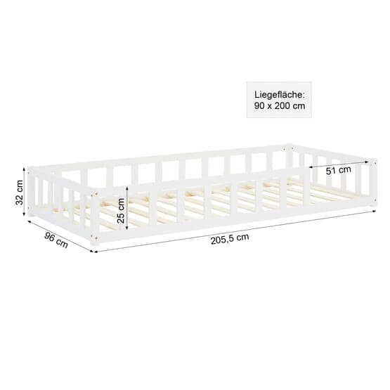 Enkelsäng - Golvsäng Med Madrass Och Skyddskanter - 90x200 Cm - Vit