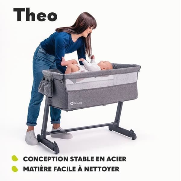 Lit cododo och spjälsäng LIONELO Théo 2i1 - Evolutivt bed med madrass - 0-9kg - Höjd och lutning justerbara - Grå