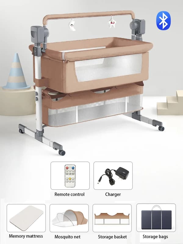 Baby Elektrisk Vaggande Spjälsäng, Bluetooth-anslutning, 3 Höjdjusteringar,BJJ-601-BRUN