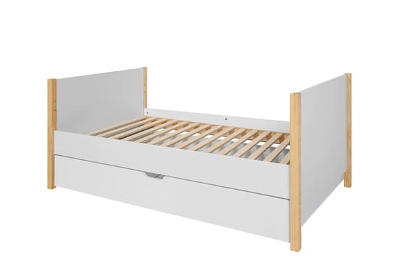 Pusleseng 70x140 cm - hvid/fyr - tremmeseng, der bliver til en sofa, med beskyttende sider og skuffe, Tatam