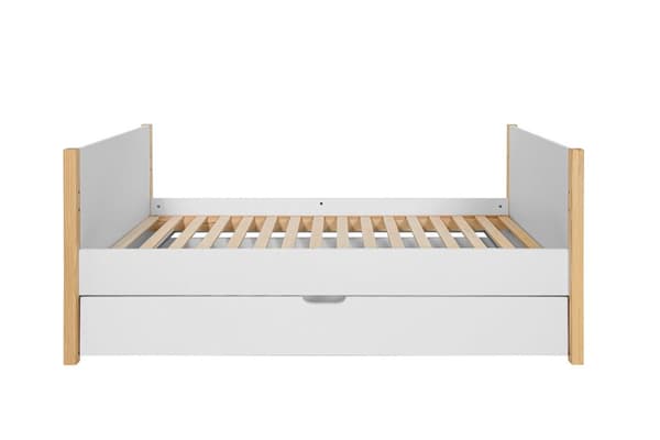 Pusleseng 70x140 cm - hvid/fyr - tremmeseng, der bliver til en sofa, med beskyttende sider og skuffe, Tatam