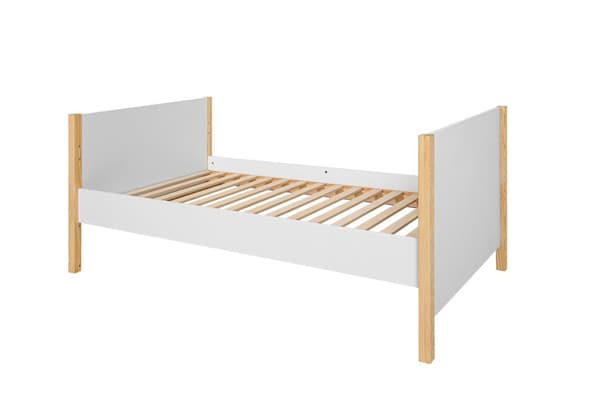 Pusleseng 70x140 cm - hvid/fyr - tremmeseng, der bliver til en sofa, med beskyttende sider og skuffe, Tatam