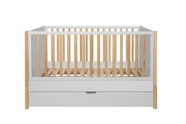 Pusleseng 70x140 cm - hvid/fyr - tremmeseng, der bliver til en sofa, med beskyttende sider og skuffe, Tatam