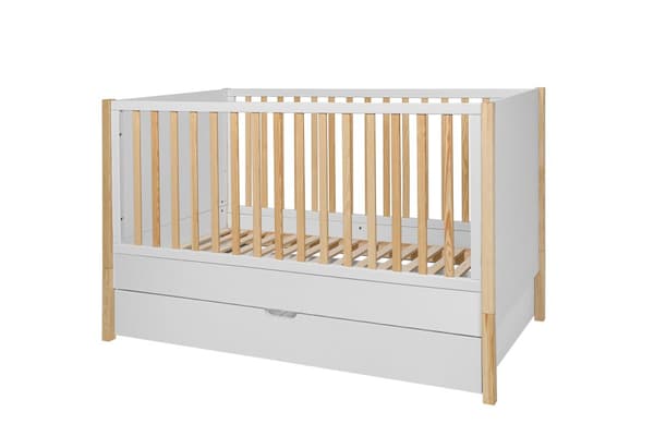 Pusleseng 70x140 cm - hvid/fyr - tremmeseng, der bliver til en sofa, med beskyttende sider og skuffe, Tatam