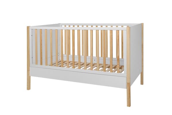 Pusleseng 70x140 cm - hvid/fyr - tremmeseng, der bliver til en sofa, med beskyttende sider og skuffe, Tatam