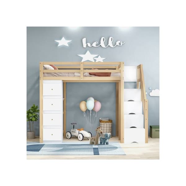Ljust mezzanin 90*200 cm, kommod med hyllor, säkerhetstrappa med förvaringslådor, träfärg