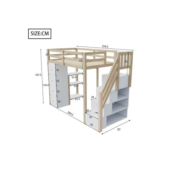 Ljust mezzanin 90*200 cm, kommod med hyllor, säkerhetstrappa med förvaringslådor, träfärg