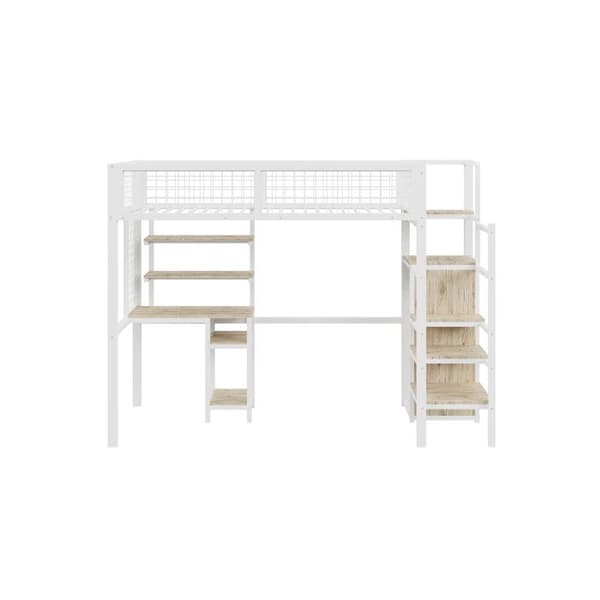Ljust mezzanin 90x200 med säkerhetsstege, barnbed med järnram, skåp och datorbord vitt
