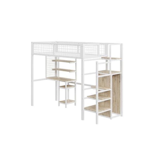 Ljust mezzanin 90x200 med säkerhetsstege, barnbed med järnram, skåp och datorbord vitt