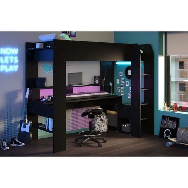Kombinerad loftsäng för barn LED Gamer ONLINE - 90 x 200 cm - Mattsvart - Sängbotten ingår - PARISOT