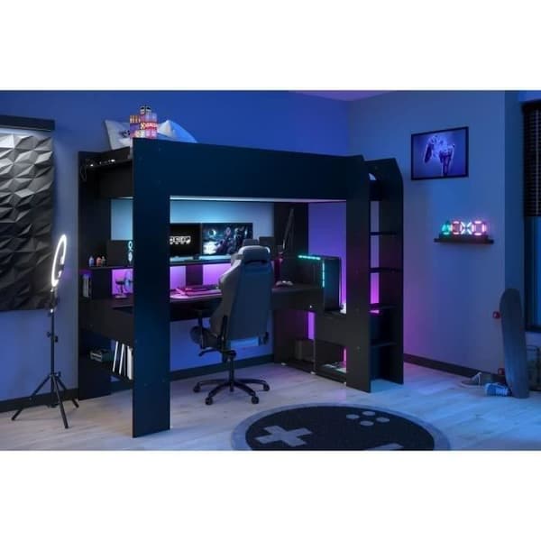 Kombinerad loftsäng för barn LED Gamer ONLINE - 90 x 200 cm - Mattsvart - Sängbotten ingår - PARISOT