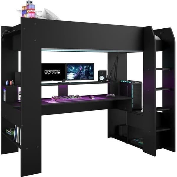 Kombinerad loftsäng för barn LED Gamer ONLINE - 90 x 200 cm - Mattsvart - Sängbotten ingår - PARISOT