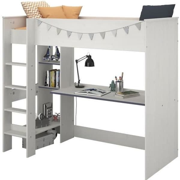 PARISOT JIM Modern entresolsäng för barn med dekor i Memphis furu och vändbar blå eller rosa kant - L 90 x L 200 cm