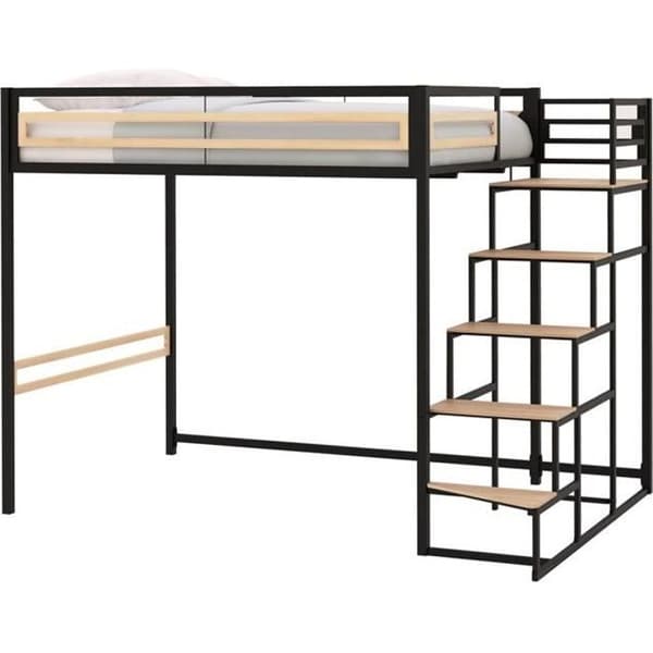 Upplyst mezzanin LEON - 140x190 cm - Svart metall - Sängbotten ingår