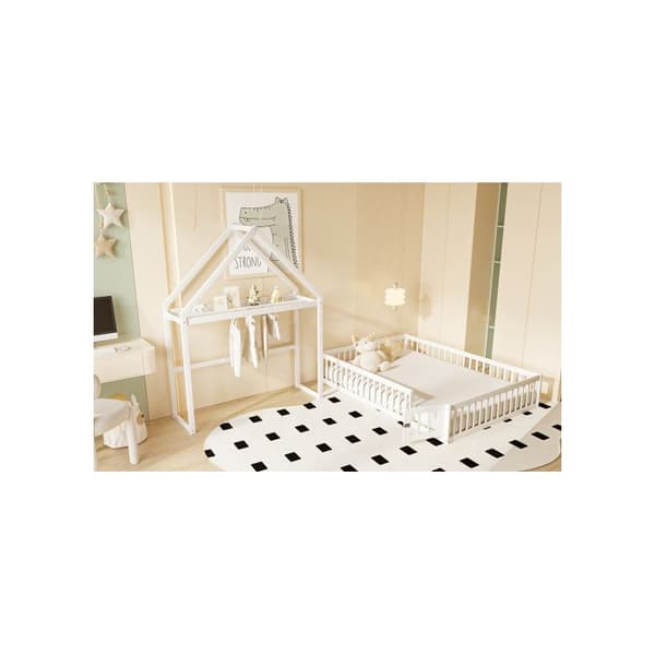 Säng för barn 140 x 200 med förvaringsutrymme, kompletta skyddsnät, dörr och ribbotten, vit