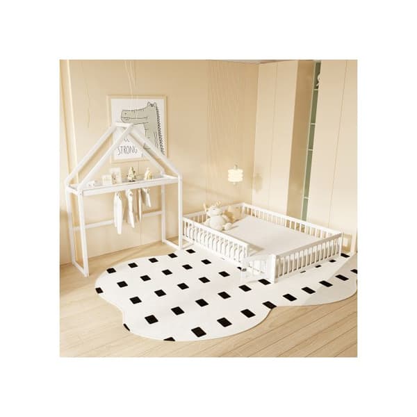 Säng för barn 140 x 200 med förvaringsutrymme, kompletta skyddsnät, dörr och ribbotten, vit