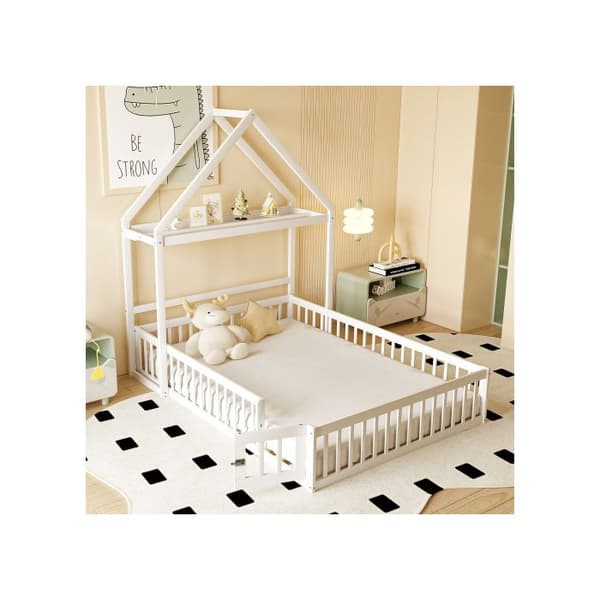 Säng för barn 140 x 200 med förvaringsutrymme, kompletta skyddsnät, dörr och ribbotten, vit