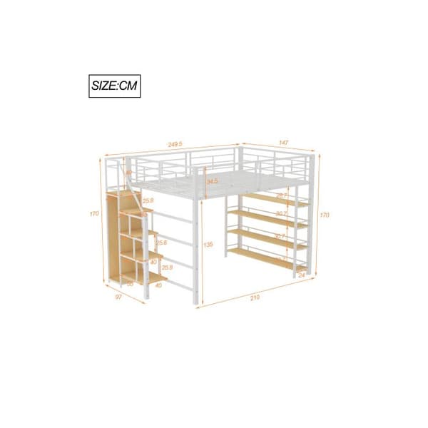 Lit mezzanine 140*200 med säkerhetstrappa, förvaringsutrymme och liten garderob, hyllor, vit