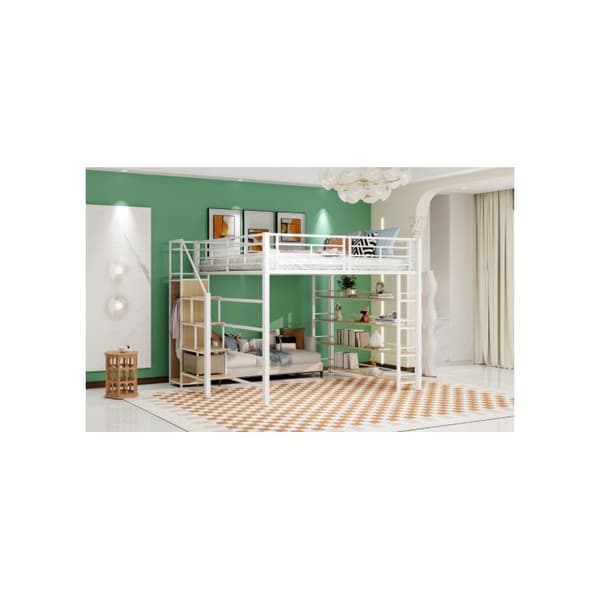 Lit mezzanine 140*200 med säkerhetstrappa, förvaringsutrymme och liten garderob, hyllor, vit