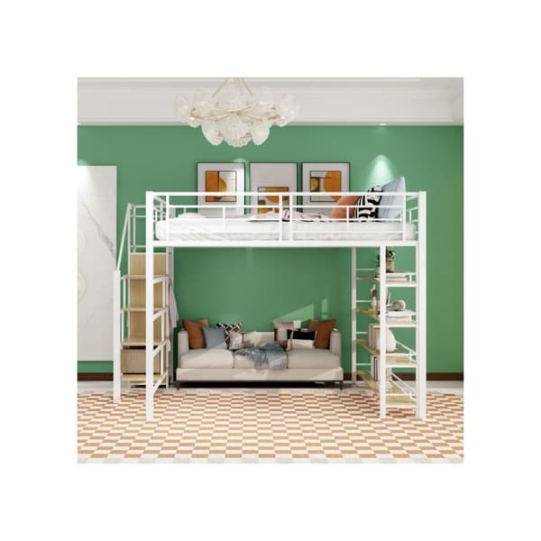 Lit mezzanine 140*200 med säkerhetstrappa, förvaringsutrymme och liten garderob, hyllor, vit