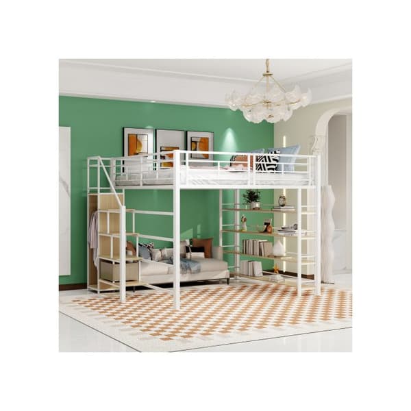 Lit mezzanine 140*200 med säkerhetstrappa, förvaringsutrymme och liten garderob, hyllor, vit