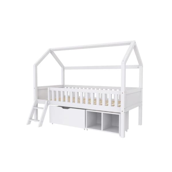Lit junior 200x90 med lådor och förvaringsfack. Med halkfria skenor, vit.