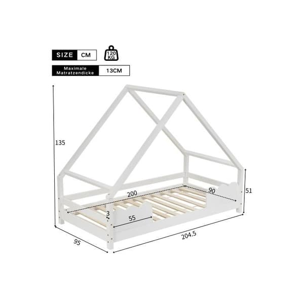 Barnsäng 90x200cm med skydd mot fall, Lekhage i massivt vitt trä