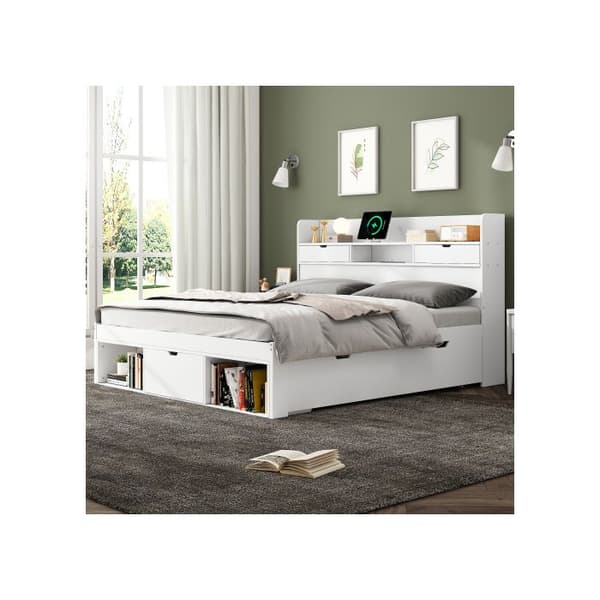 Dubbel säng, 140*200 cm, med USB-port, lådor och förvaringsutrymmen, utan madrass, vit