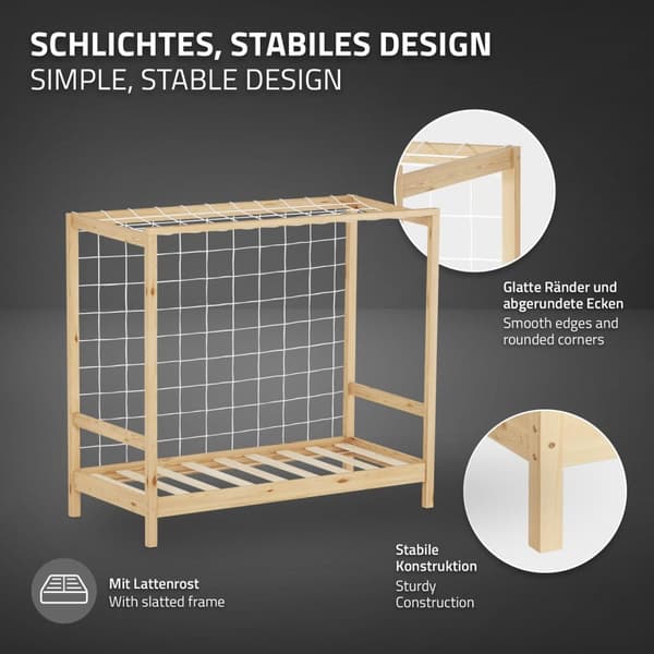 ML-Design børneseng fodboldmål 70x140 cm, natur, enkeltseng til børn, træseng med lamelbund & målnet, ungdomsseng af fyrretræ, sengeramme til