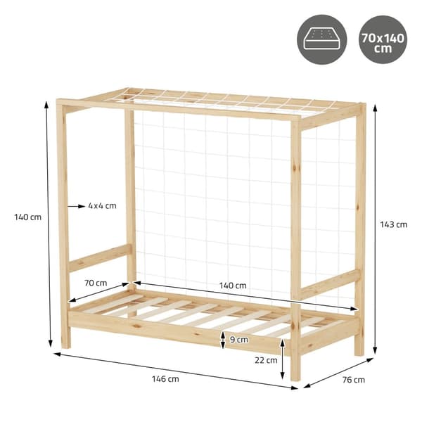 ML-Design børneseng fodboldmål 70x140 cm, natur, enkeltseng til børn, træseng med lamelbund & målnet, ungdomsseng af fyrretræ, sengeramme til
