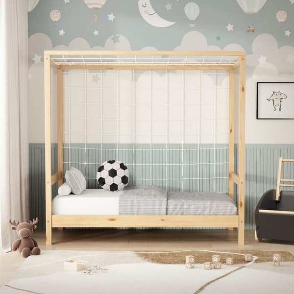 ML-Design børneseng fodboldmål 70x140 cm, natur, enkeltseng til børn, træseng med lamelbund & målnet, ungdomsseng af fyrretræ, sengeramme til