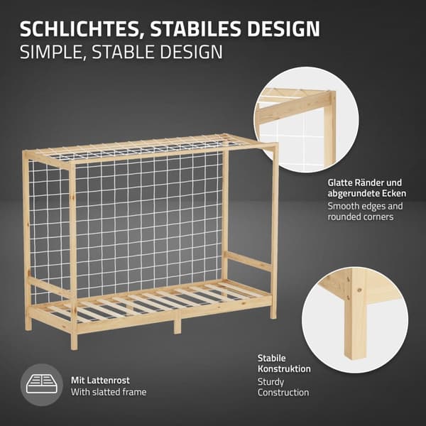 ML-Design barnsäng fotbollsmål 90x200 cm, natur, enkelsäng för barn, träsäng med lamellram & målnät, ungdomssäng av furu, sängram för pojkar och