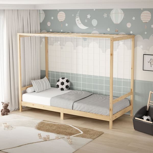 ML-Design barnsäng fotbollsmål 90x200 cm, natur, enkelsäng för barn, träsäng med lamellram &amp; målnät, ungdomssäng av furu, sängram för pojkar och