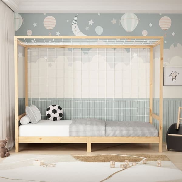 ML-Design barnsäng fotbollsmål 90x200 cm, natur, enkelsäng för barn, träsäng med lamellram &amp; målnät, ungdomssäng av furu, sängram för pojkar och