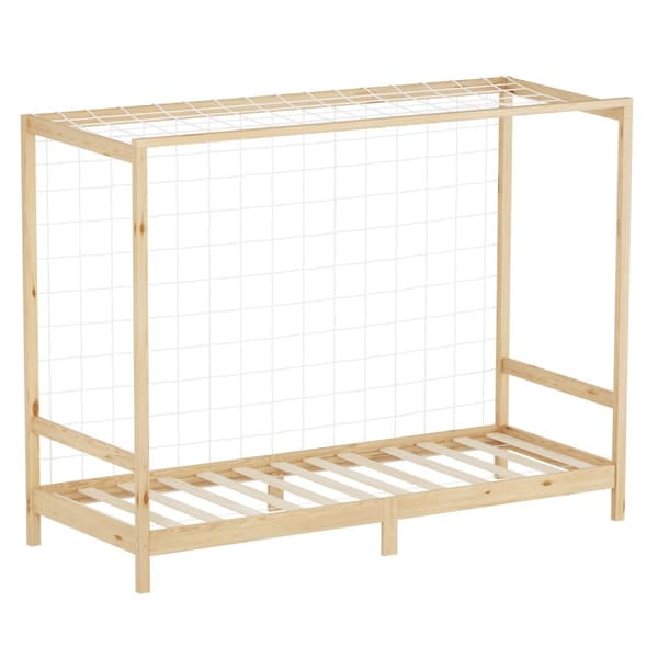 ML-Design barnsäng fotbollsmål 90x200 cm, natur, enkelsäng för barn, träsäng med lamellram & målnät, ungdomssäng av furu, sängram för pojkar och