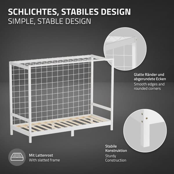 ML-Design barnsäng fotbollsmål 90x200 cm, vit, enkelsäng för barn, träsäng med lamellram & målnät, ungdomssäng av furu, sängram för pojkar och