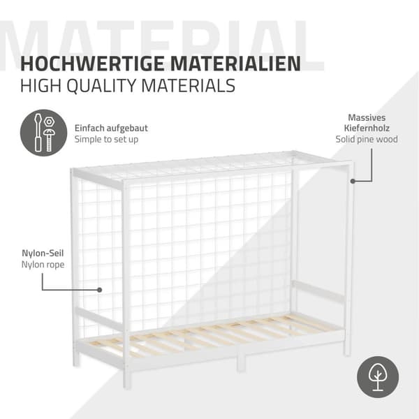 ML-Design barnsäng fotbollsmål 90x200 cm, vit, enkelsäng för barn, träsäng med lamellram & målnät, ungdomssäng av furu, sängram för pojkar och